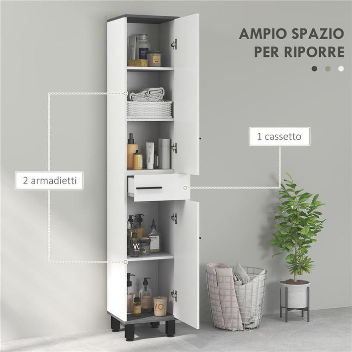 MOBILE COLONNA BAGNO CON 2 ARMADIETTI CON RIPIANI REGOLABILI E CASSETTO 34X32X190 CM BIANCO