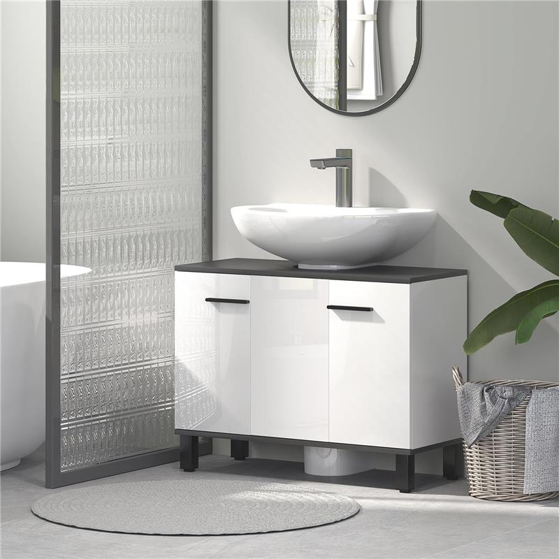 MOBILE SOTTOLAVABO BAGNO CON ARMADIETTO 2 ANTE E RIPIANO REGOLABILE 80X34X60 CM BIANCO LUCIDO