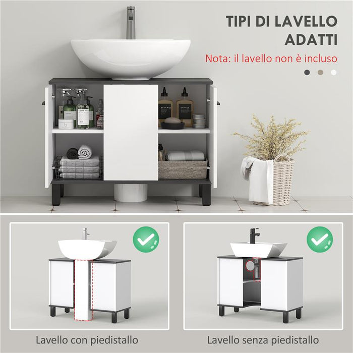 MOBILE SOTTOLAVABO BAGNO CON ARMADIETTO 2 ANTE E RIPIANO REGOLABILE 80X34X60 CM BIANCO LUCIDO