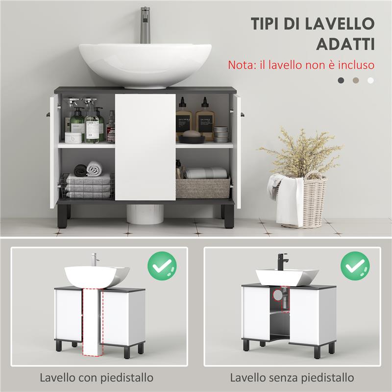 MOBILE SOTTOLAVABO BAGNO CON ARMADIETTO 2 ANTE E RIPIANO REGOLABILE 80X34X60 CM BIANCO LUCIDO
