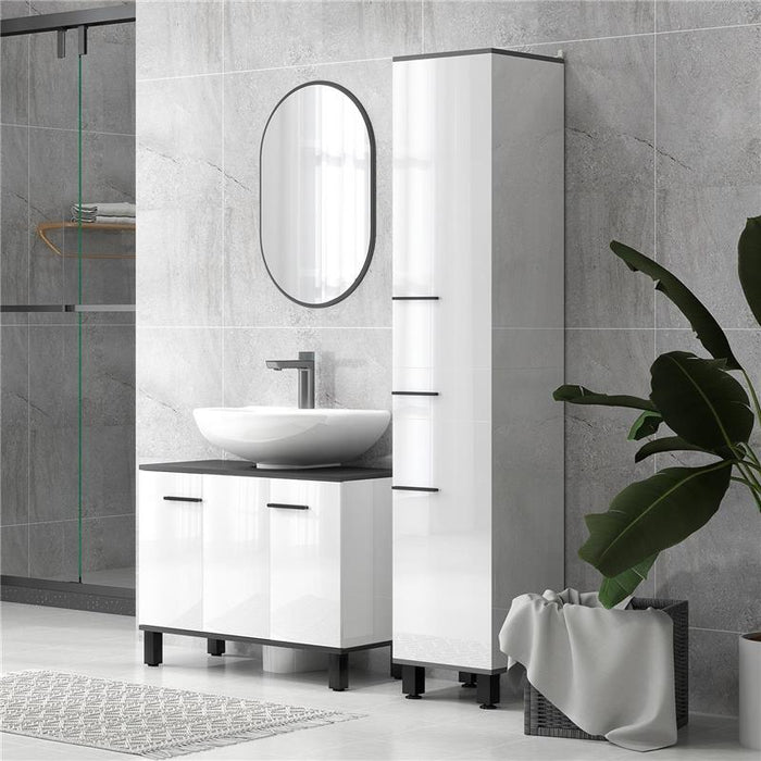 MOBILE SOTTOLAVABO BAGNO CON ARMADIETTO 2 ANTE E RIPIANO REGOLABILE 80X34X60 CM BIANCO LUCIDO