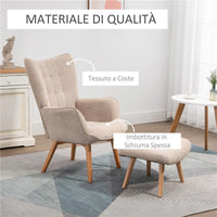 POLTRONA RELAX CON POUF POGGIAPIEDI IN VELLUTO A COSTINE CON SCHIENALE ALTO E BRACCIOLI BEIGE