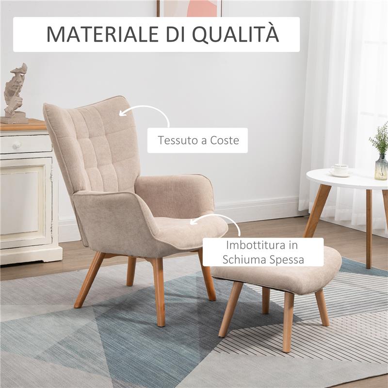 POLTRONA RELAX CON POUF POGGIAPIEDI IN VELLUTO A COSTINE CON SCHIENALE ALTO E BRACCIOLI BEIGE