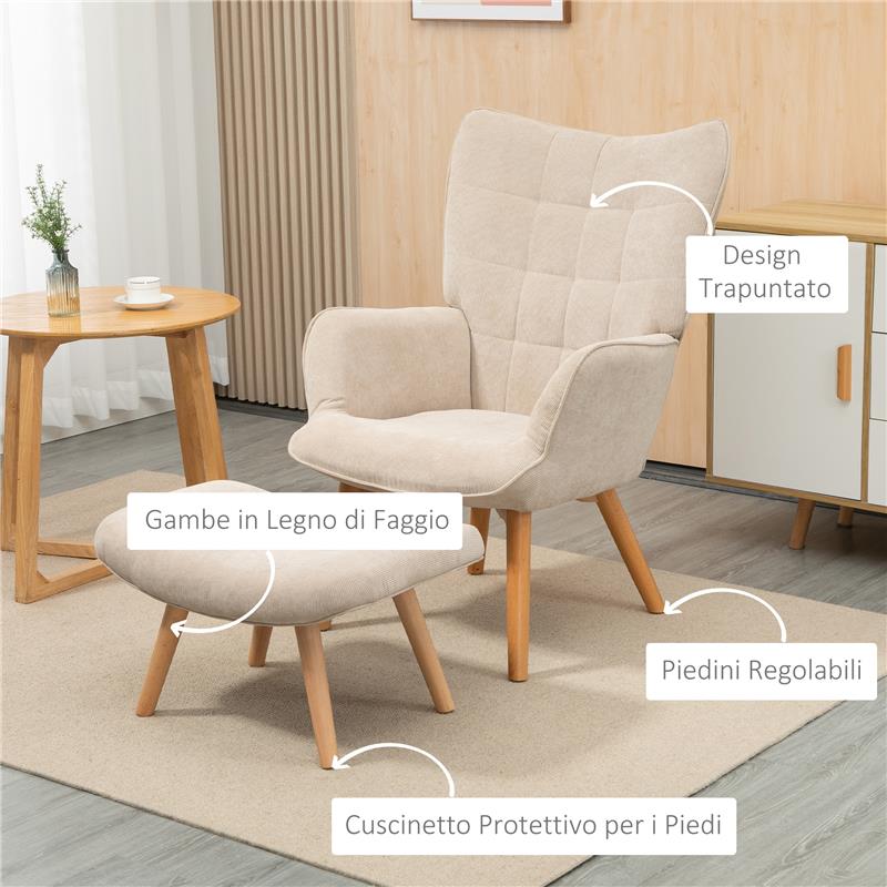 POLTRONA RELAX CON POUF POGGIAPIEDI IN VELLUTO A COSTINE CON SCHIENALE ALTO E BRACCIOLI BEIGE