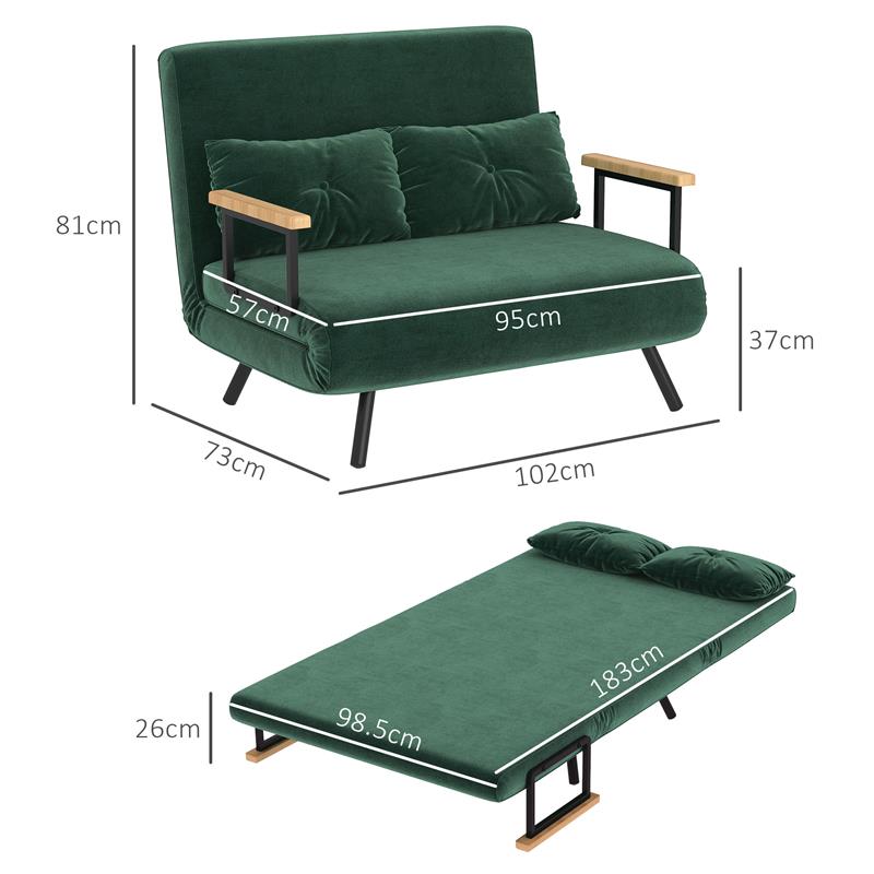 DIVANO LETTO 3 IN 1 IN TESSUTO EFFETTO VELLUTO CON SCHIENALE REGOLABILE E 2 CUSCINI 102X73X81 CM VERDE