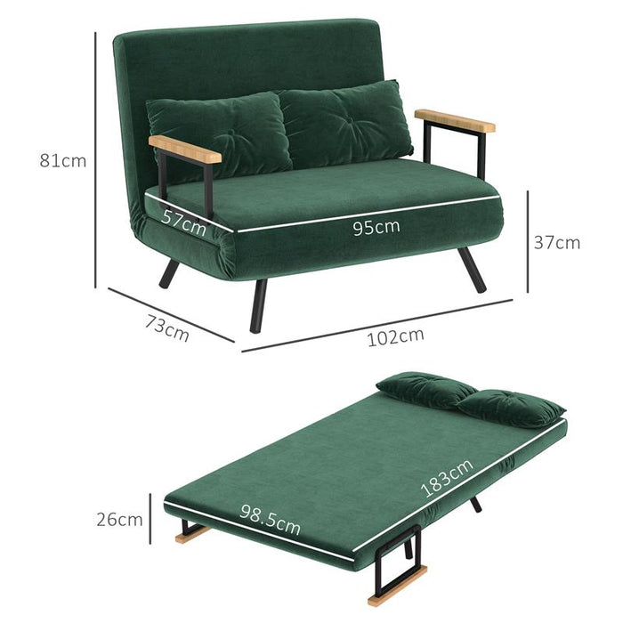 DIVANO LETTO 3 IN 1 IN TESSUTO EFFETTO VELLUTO CON SCHIENALE REGOLABILE E 2 CUSCINI 102X73X81 CM VERDE