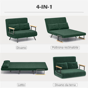 DIVANO LETTO 3 IN 1 IN TESSUTO EFFETTO VELLUTO CON SCHIENALE REGOLABILE E 2 CUSCINI 102X73X81 CM VERDE
