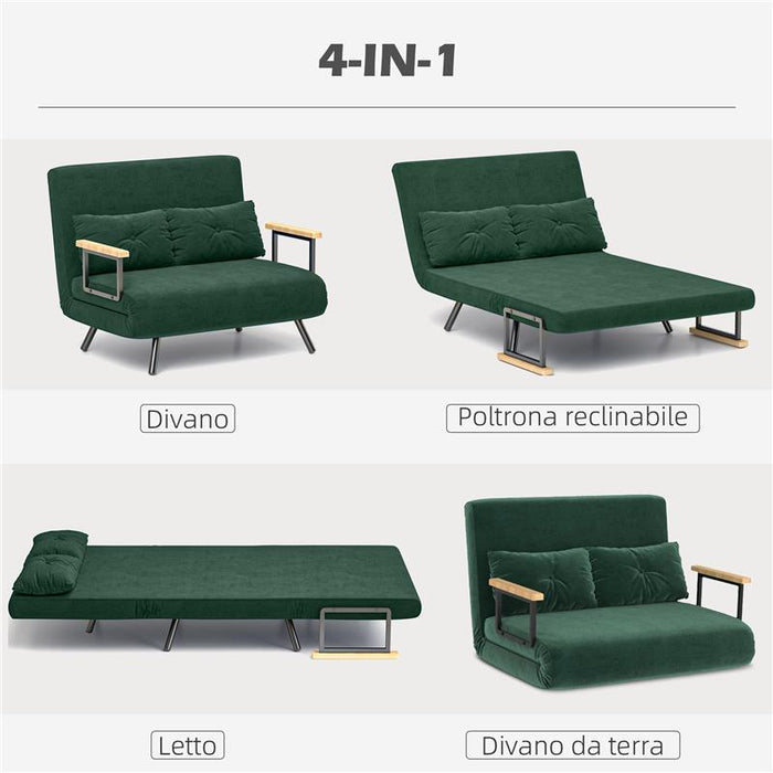 DIVANO LETTO 3 IN 1 IN TESSUTO EFFETTO VELLUTO CON SCHIENALE REGOLABILE E 2 CUSCINI 102X73X81 CM VERDE