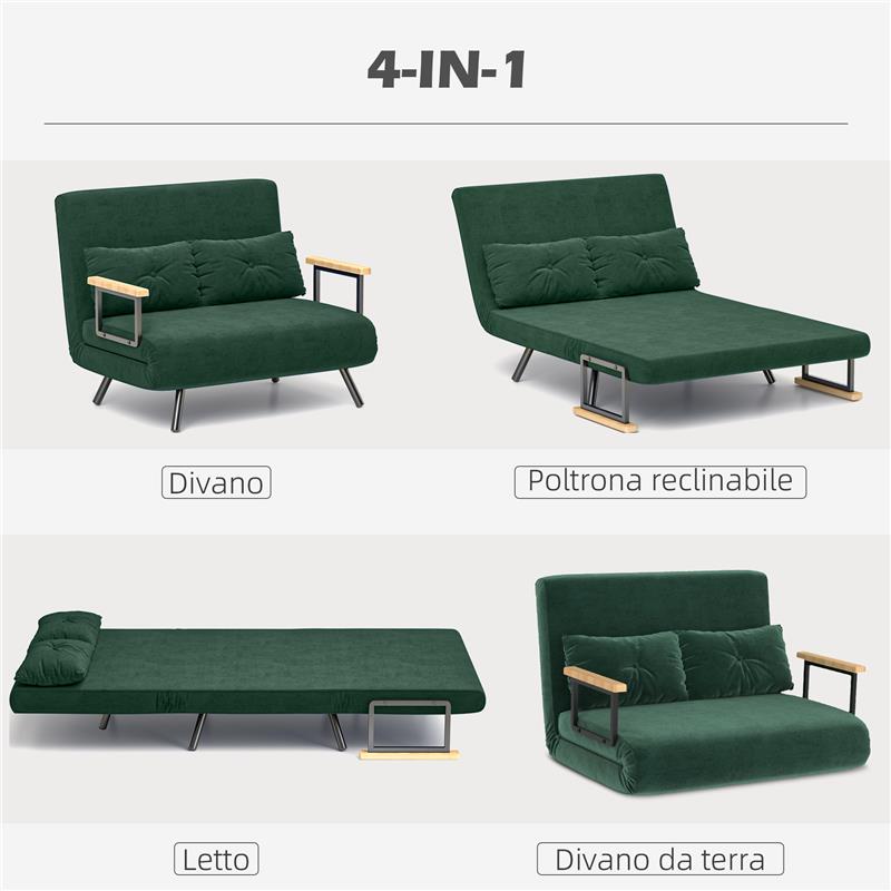 DIVANO LETTO 3 IN 1 IN TESSUTO EFFETTO VELLUTO CON SCHIENALE REGOLABILE E 2 CUSCINI 102X73X81 CM VERDE