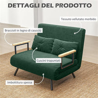 DIVANO LETTO 3 IN 1 IN TESSUTO EFFETTO VELLUTO CON SCHIENALE REGOLABILE E 2 CUSCINI 102X73X81 CM VERDE