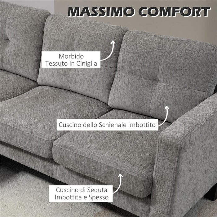 DIVANO ANGOLARE 3 POSTI CON CUSCINO PER SEDUTA E SCHIENALE IN TESSUTO EFFETTO CINIGLIA 186X130X84 CM TORTORA