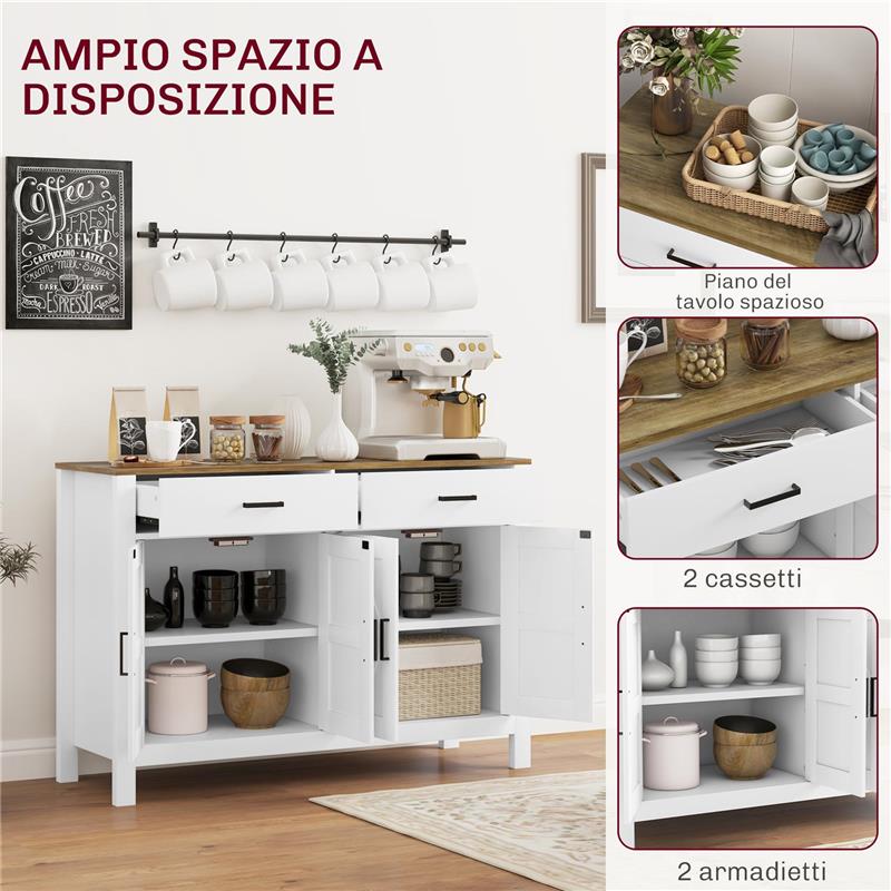 CREDENZA DA CUCINA CON 2 CASSETTI E 2 ARMADIETTI STILE RUSTICO CON MENSOLE REGOLABILI BIANCO
