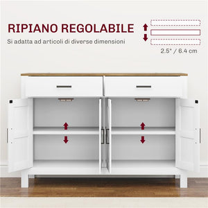 CREDENZA DA CUCINA CON 2 CASSETTI E 2 ARMADIETTI STILE RUSTICO CON MENSOLE REGOLABILI BIANCO