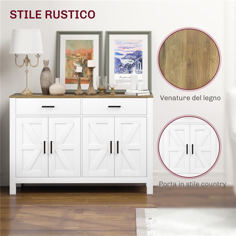 CREDENZA DA CUCINA CON 2 CASSETTI E 2 ARMADIETTI STILE RUSTICO CON MENSOLE REGOLABILI BIANCO