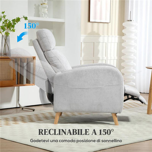 POLTRONA RECLINABILE 150¦ MAX CON POGGIAPIEDI IN TESSUTO EFFETTO LINO 68X90X106 CM GRIGIO CHIARO
