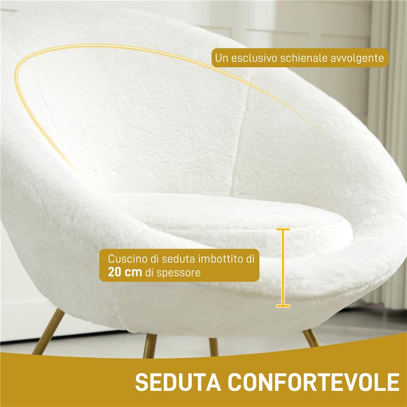 POLTRONCINA DA CAMERA IN FINTA PELLICCIA CON GAMBE IN METALLO 75X66X79 CM BIANCO