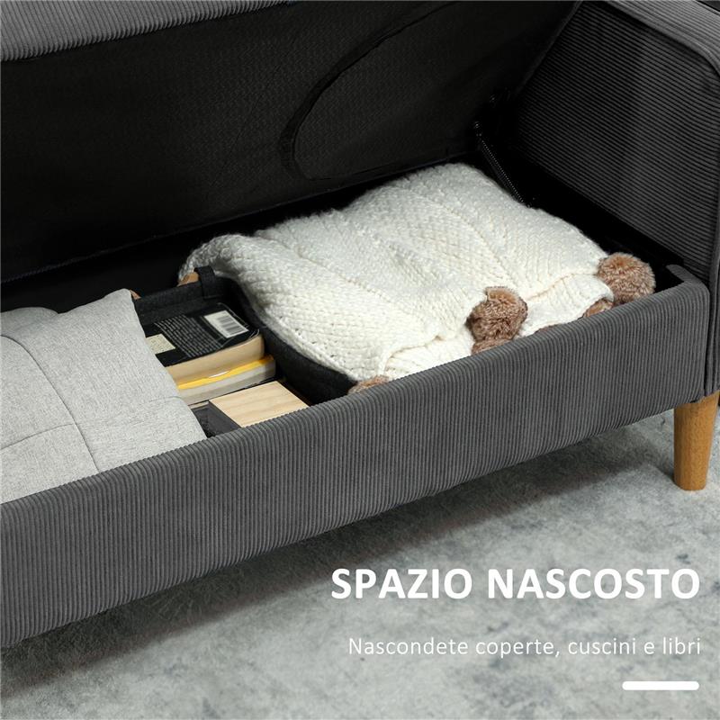 DIVANO 2 POSTI CON SPAZIO CONTENITORE E 2 CUSCINI IN TESSUTO EFFETTO VELLUTO E LEGNO 140X63X79 CM GRIGIO