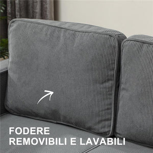 DIVANO 2 POSTI CON SPAZIO CONTENITORE E 2 CUSCINI IN TESSUTO EFFETTO VELLUTO E LEGNO 140X63X79 CM GRIGIO