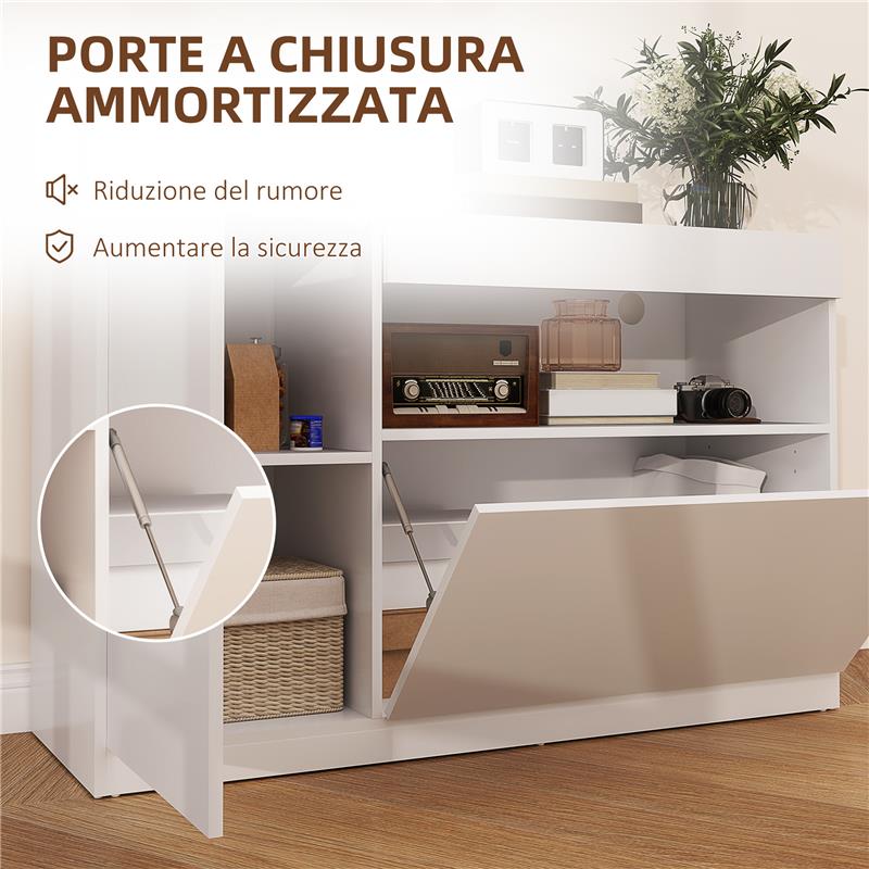 CREDENZA MODERNA BASSA CON ANTE AMMORTIZZATE E APERTURA A PRESSIONE RIPIANI REGOLABILI BIANCO