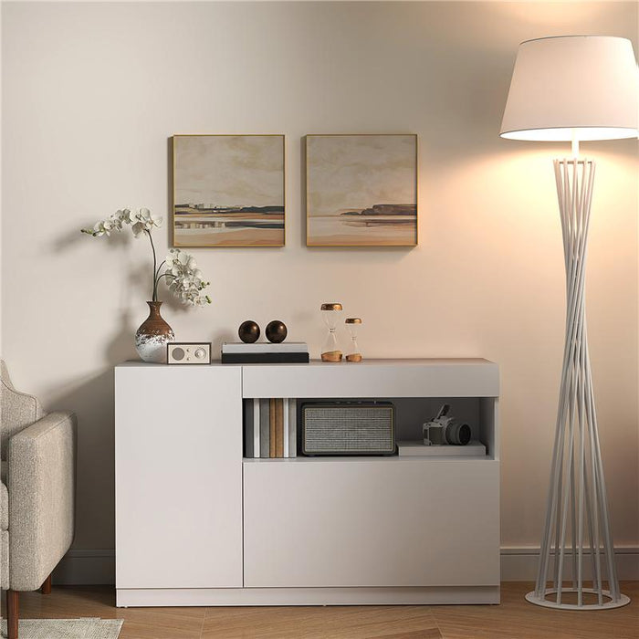 CREDENZA MODERNA BASSA CON ANTE AMMORTIZZATE E APERTURA A PRESSIONE RIPIANI REGOLABILI BIANCO