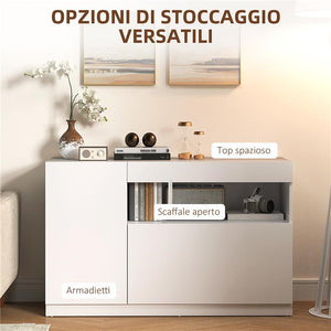 CREDENZA MODERNA BASSA CON ANTE AMMORTIZZATE E APERTURA A PRESSIONE RIPIANI REGOLABILI BIANCO