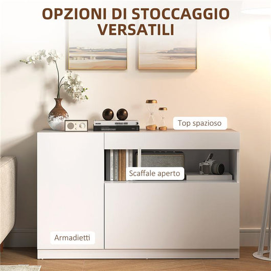 CREDENZA MODERNA BASSA CON ANTE AMMORTIZZATE E APERTURA A PRESSIONE RIPIANI REGOLABILI BIANCO