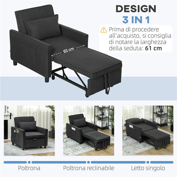 POLTRONA LETTO RECLINABILE CON TASCHE LATERALI IN TESSUTO EFFETTO VELLUTO 74X84X81 CM GRIGIO SCURO