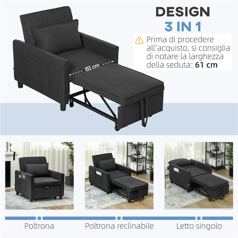 POLTRONA LETTO RECLINABILE CON TASCHE LATERALI IN TESSUTO EFFETTO VELLUTO 74X84X81 CM GRIGIO SCURO