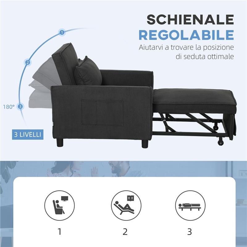 POLTRONA LETTO RECLINABILE CON TASCHE LATERALI IN TESSUTO EFFETTO VELLUTO 74X84X81 CM GRIGIO SCURO