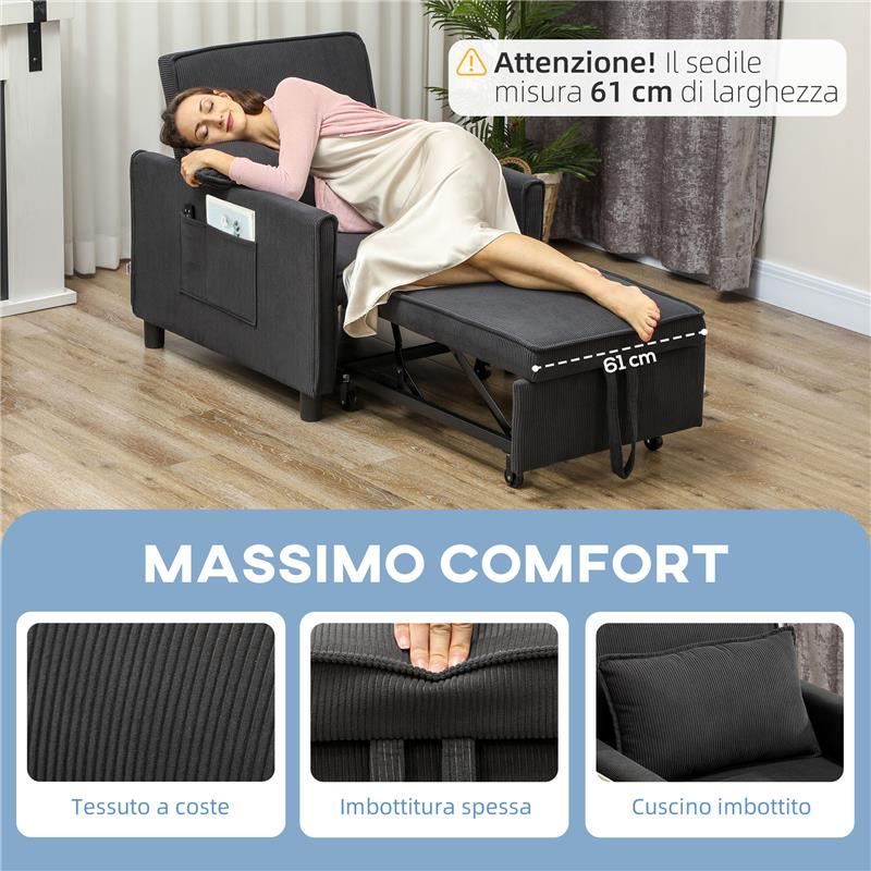 POLTRONA LETTO RECLINABILE CON TASCHE LATERALI IN TESSUTO EFFETTO VELLUTO 74X84X81 CM GRIGIO SCURO