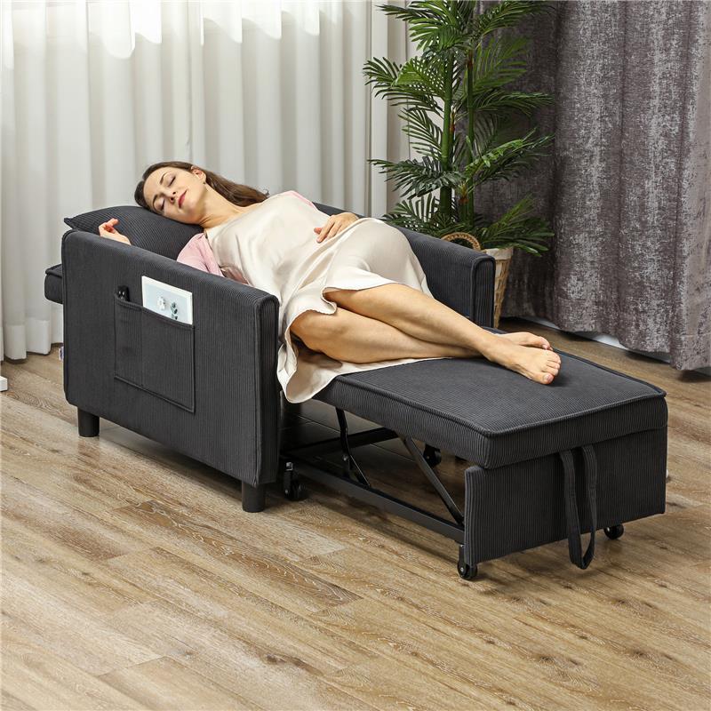 POLTRONA LETTO RECLINABILE CON TASCHE LATERALI IN TESSUTO EFFETTO VELLUTO 74X84X81 CM GRIGIO SCURO