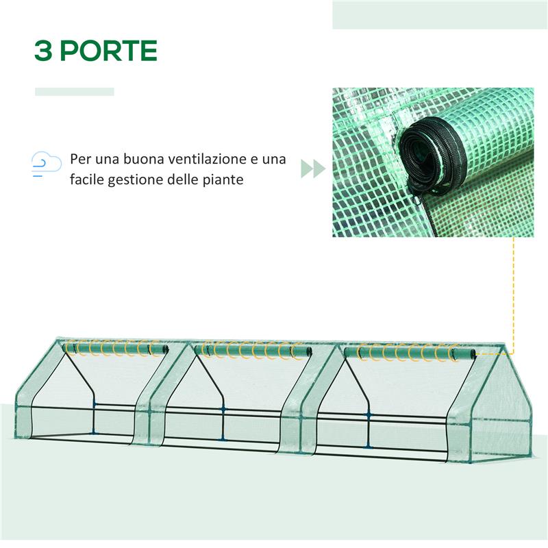 MINI SERRA PER PIANTE IMPERMEABILE CON 3 INGRESSI AVVOLGIBILI IN ACCIAIO E PE 400X100X80 CM VERDE