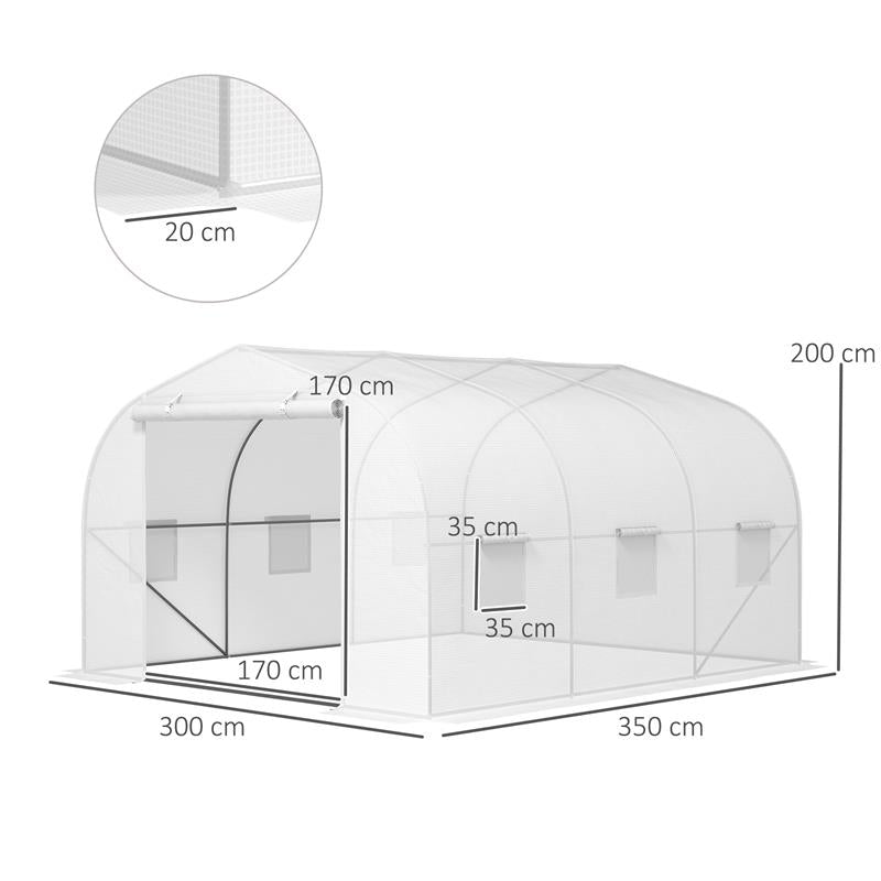 SERRA A TUNNEL PER GIARDINO CON 6 FINESTRE E PORTA A RULLO IN ACCIAIO E PE 3.5X3X2 M BIANCO