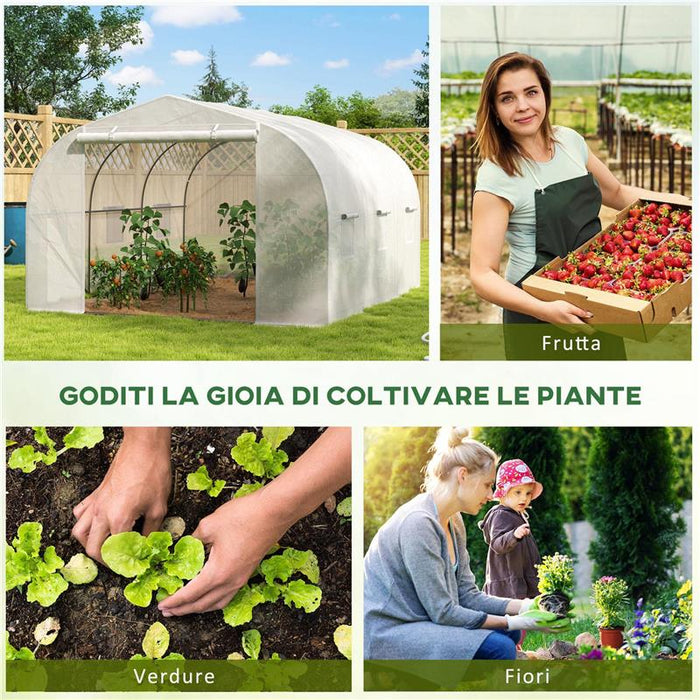 SERRA A TUNNEL PER GIARDINO CON 6 FINESTRE E PORTA A RULLO IN ACCIAIO E PE 3.5X3X2 M BIANCO