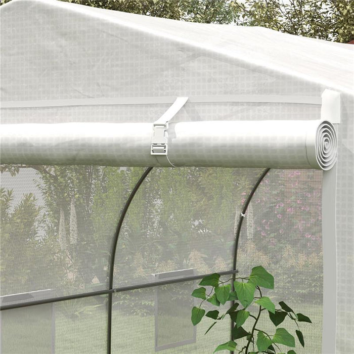 SERRA A TUNNEL PER GIARDINO CON 6 FINESTRE E PORTA A RULLO IN ACCIAIO E PE 3.5X3X2 M BIANCO