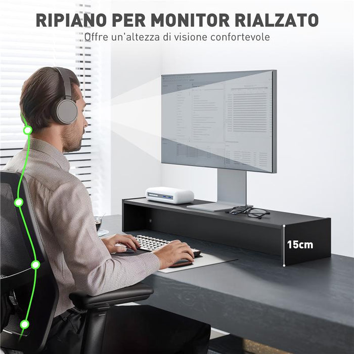 SUPPORTO PER MONITOR CON 2 VANI CONTENITORE IN LEGNO 100X27X15 CM NERO