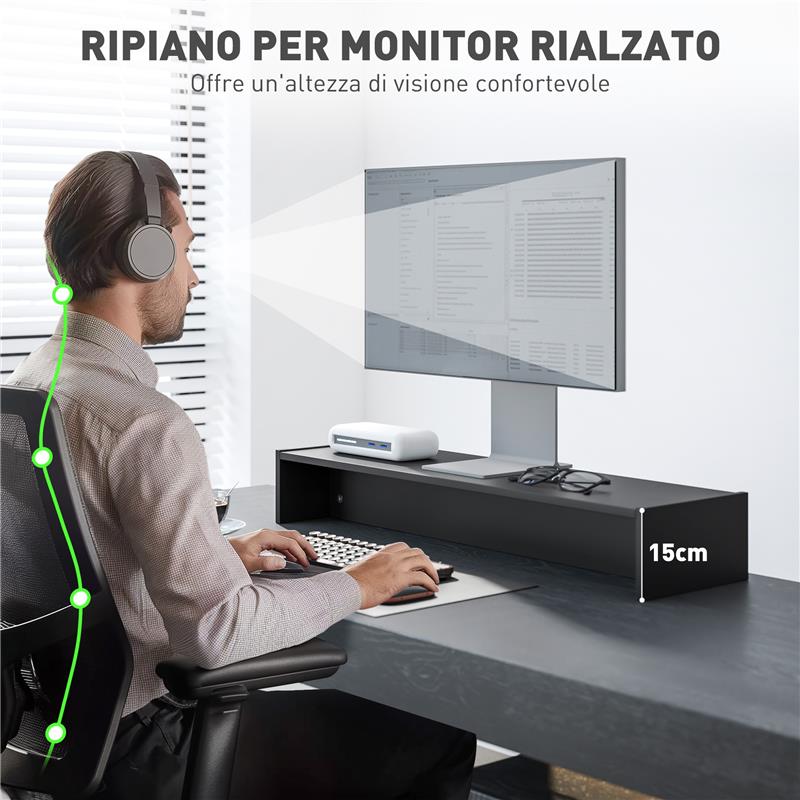 SUPPORTO PER MONITOR CON 2 VANI CONTENITORE IN LEGNO 100X27X15 CM NERO