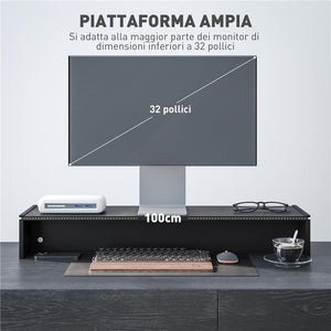SUPPORTO PER MONITOR CON 2 VANI CONTENITORE IN LEGNO 100X27X15 CM NERO
