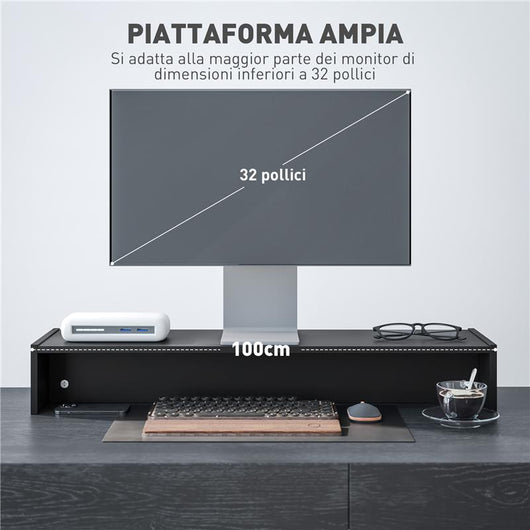 SUPPORTO PER MONITOR CON 2 VANI CONTENITORE IN LEGNO 100X27X15 CM NERO
