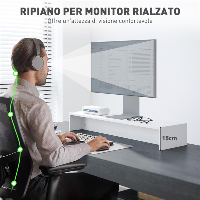 SUPPORTO PER MONITOR CON 2 VANI CONTENITORE IN LEGNO 100X27X15 CM BIANCO