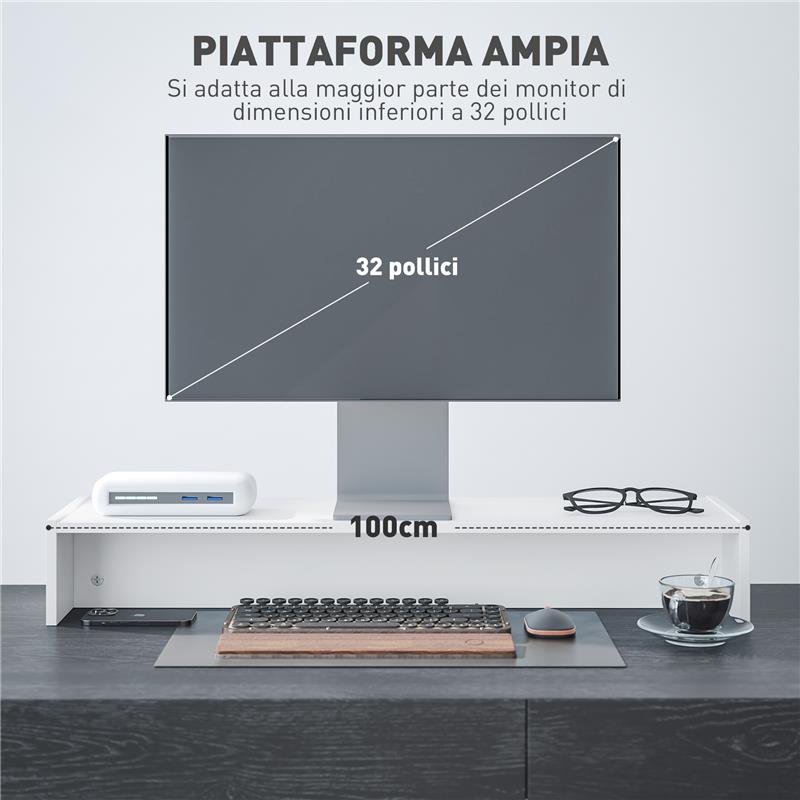 SUPPORTO PER MONITOR CON 2 VANI CONTENITORE IN LEGNO 100X27X15 CM BIANCO