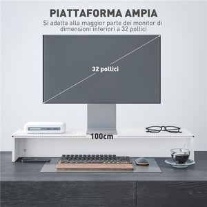 SUPPORTO PER MONITOR CON 2 VANI CONTENITORE IN LEGNO 100X27X15 CM BIANCO