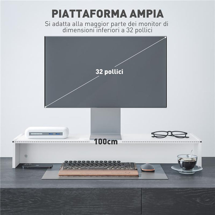 SUPPORTO PER MONITOR CON 2 VANI CONTENITORE IN LEGNO 100X27X15 CM BIANCO