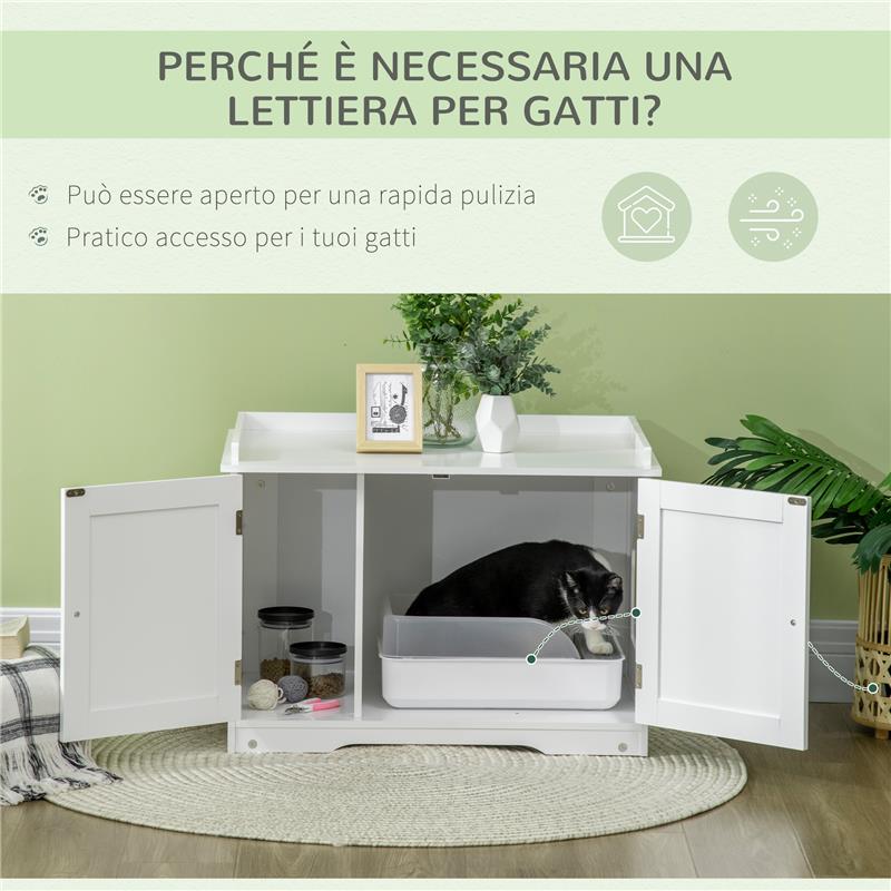 MOBILE LETTIERA PER GATTI A 2 ANTE CON DIVISORIO INTERNO REGOLABILE 86X48X52 CM BIANCO