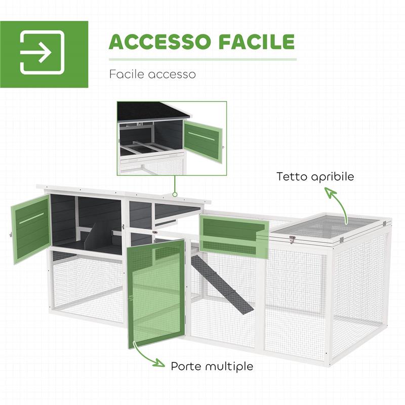 POLLAIO PER GALLINE CON CASETTA NIDO PER COVA E AREA ESTERNA 214X101X 91.5 CM GRIGIO