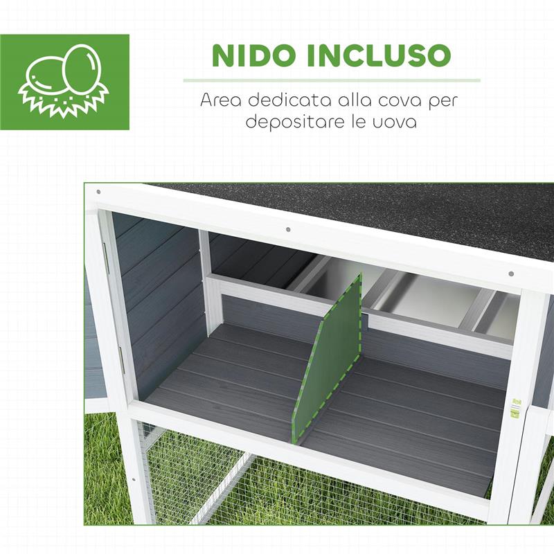 POLLAIO PER GALLINE CON CASETTA NIDO PER COVA E AREA ESTERNA 214X101X 91.5 CM GRIGIO