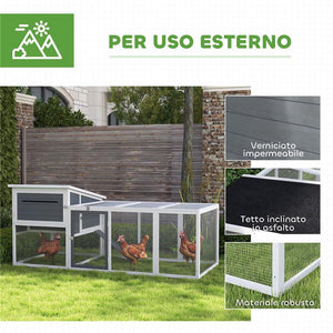 POLLAIO PER GALLINE CON CASETTA NIDO PER COVA E AREA ESTERNA 214X101X 91.5 CM GRIGIO
