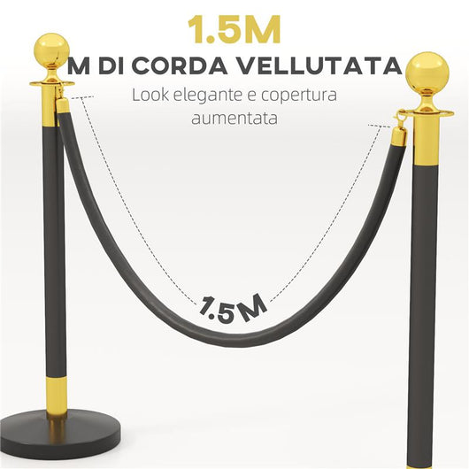 COLONNINE SEGNAPERCORSO IN ACCIAIO INOX CON CORDA VELLUTATA NERA DI 1.5 M E BASE RIEMPIBILE Ø 32X96 CM