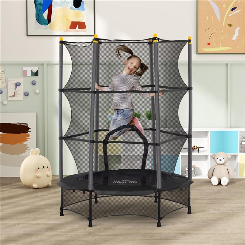 TAPPETO ELASTICO PER BAMBINI CON RETE DI SICUREZZA E PALI IMBOTTITI ETÀ 3-10 ANNI 140 X 190 CM NERO
