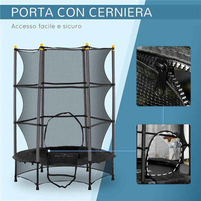 TAPPETO ELASTICO PER BAMBINI CON RETE DI SICUREZZA E PALI IMBOTTITI ETÀ 3-10 ANNI 140 X 190 CM NERO